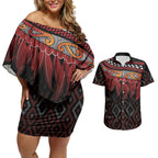 Aotearoa Maori Ngapuhi Iwi Couples Matching Off Shoulder Short Dress and Hawaiian Shirt Korowai Tukutuku Kaokao Motifs