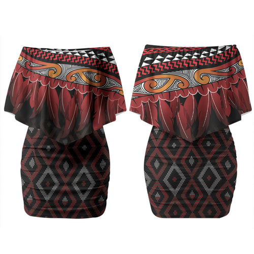 Aotearoa Maori Ngapuhi Iwi Couples Matching Off Shoulder Short Dress and Hawaiian Shirt Korowai Tukutuku Kaokao Motifs