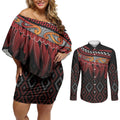 Aotearoa Maori Ngapuhi Iwi Couples Matching Off Shoulder Short Dress and Long Sleeve Button Shirt Korowai Tukutuku Kaokao Motifs