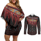 Aotearoa Maori Ngapuhi Iwi Couples Matching Off Shoulder Short Dress and Long Sleeve Button Shirt Korowai Tukutuku Kaokao Motifs