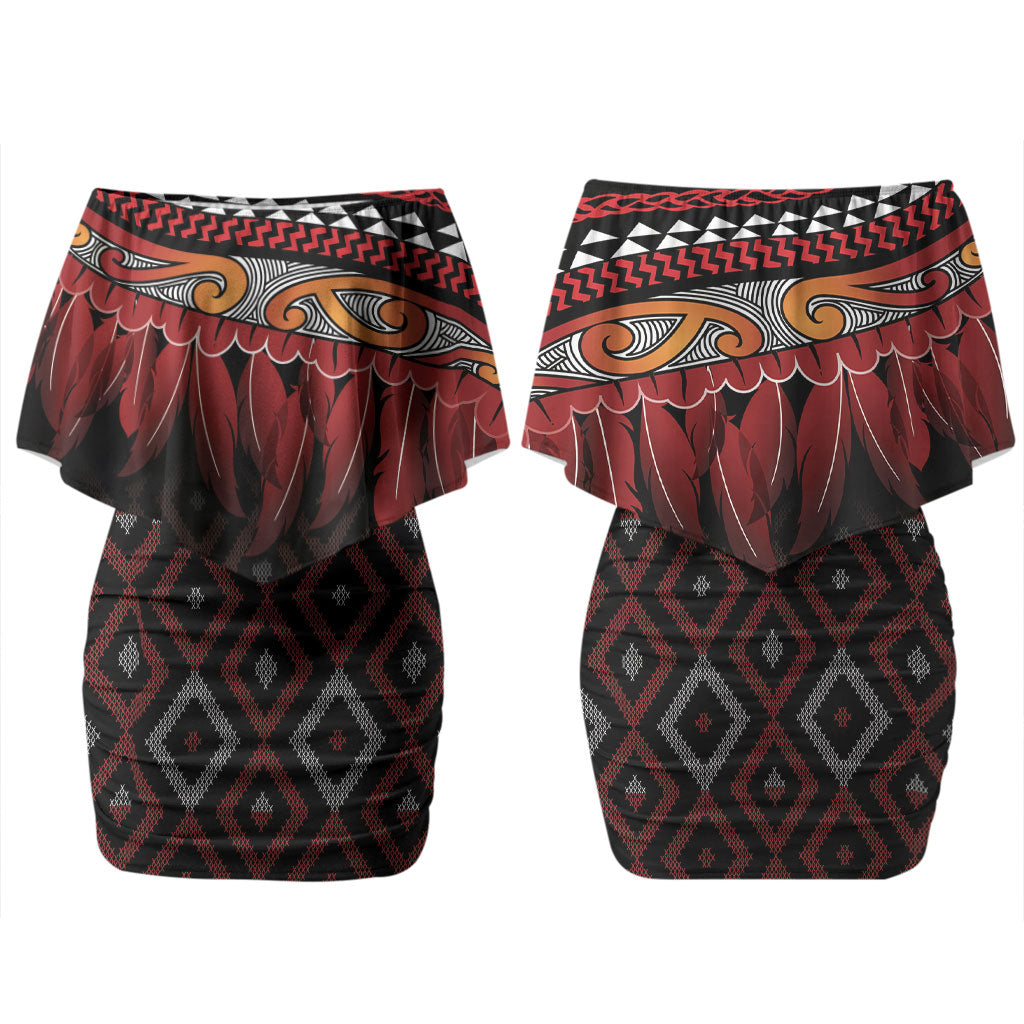 Aotearoa Maori Ngapuhi Iwi Couples Matching Off Shoulder Short Dress and Long Sleeve Button Shirt Korowai Tukutuku Kaokao Motifs