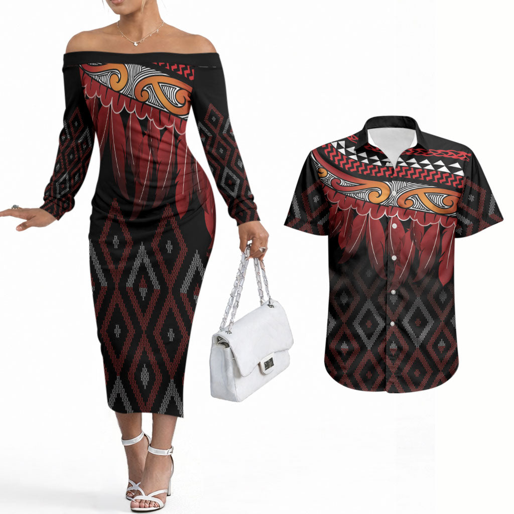 Aotearoa Maori Ngapuhi Iwi Couples Matching Off The Shoulder Long Sleeve Dress and Hawaiian Shirt Korowai Tukutuku Kaokao Motifs
