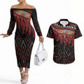 Aotearoa Maori Ngapuhi Iwi Couples Matching Off The Shoulder Long Sleeve Dress and Hawaiian Shirt Korowai Tukutuku Kaokao Motifs