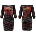 Aotearoa Maori Ngapuhi Iwi Couples Matching Off The Shoulder Long Sleeve Dress and Long Sleeve Button Shirt Korowai Tukutuku Kaokao Motifs
