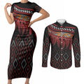 Aotearoa Maori Ngapuhi Iwi Couples Matching Short Sleeve Bodycon Dress and Long Sleeve Button Shirt Korowai Tukutuku Kaokao Motifs