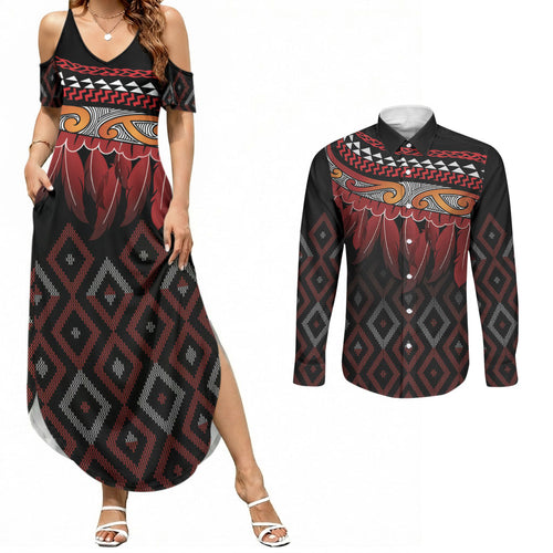 Aotearoa Maori Ngapuhi Iwi Couples Matching Summer Maxi Dress and Long Sleeve Button Shirt Korowai Tukutuku Kaokao Motifs