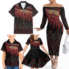 Aotearoa Maori Ngapuhi Iwi Family Matching Off The Shoulder Long Sleeve Dress and Hawaiian Shirt Korowai Tukutuku Kaokao Motifs