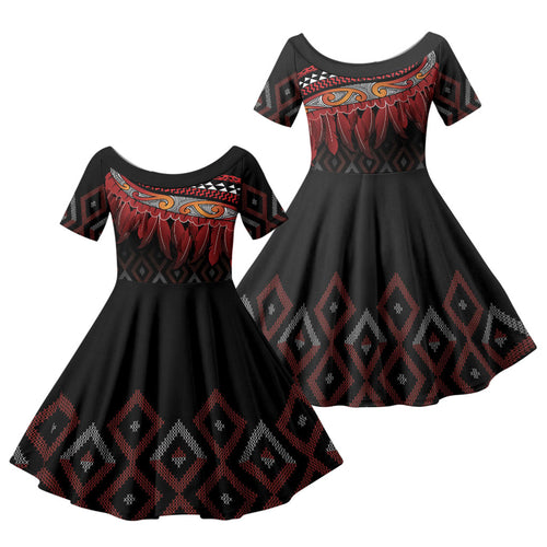Aotearoa Maori Ngapuhi Iwi Family Matching Off Shoulder Maxi Dress and Hawaiian Shirt Korowai Tukutuku Kaokao Motifs
