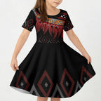 Aotearoa Maori Ngapuhi Iwi Kid Short Sleeve Dress Korowai Tukutuku Kaokao Motifs