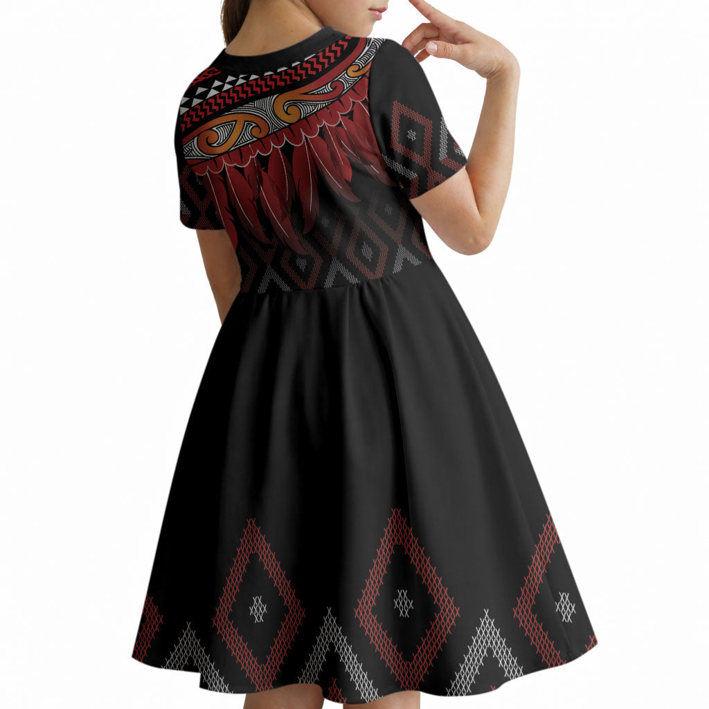 Aotearoa Maori Ngapuhi Iwi Kid Short Sleeve Dress Korowai Tukutuku Kaokao Motifs