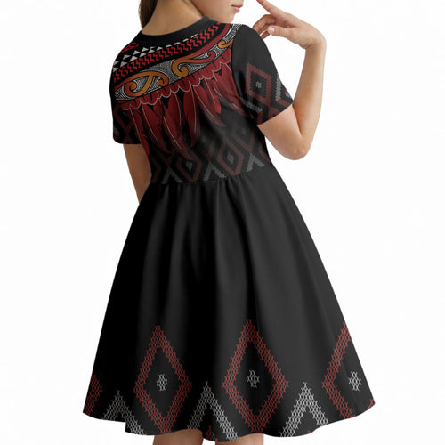 Aotearoa Maori Ngapuhi Iwi Kid Short Sleeve Dress Korowai Tukutuku Kaokao Motifs