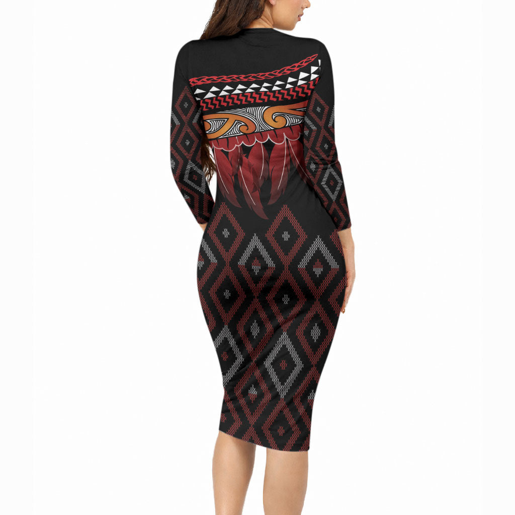 Aotearoa Maori Ngapuhi Iwi Long Sleeve Bodycon Dress Korowai Tukutuku Kaokao Motifs