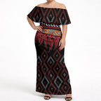 Aotearoa Maori Ngapuhi Iwi Off Shoulder Maxi Dress Korowai Tukutuku Kaokao Motifs