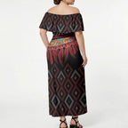 Aotearoa Maori Ngapuhi Iwi Off Shoulder Maxi Dress Korowai Tukutuku Kaokao Motifs