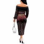 Aotearoa Maori Ngapuhi Iwi Off The Shoulder Long Sleeve Dress Korowai Tukutuku Kaokao Motifs