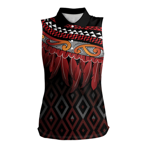 Aotearoa Maori Ngapuhi Iwi Women Sleeveless Polo Shirt Korowai Tukutuku Kaokao Motifs