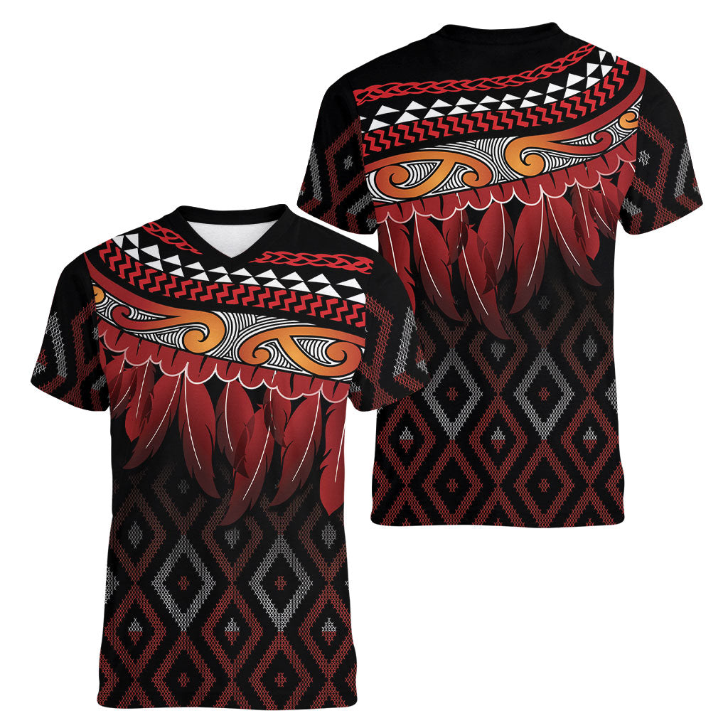 Aotearoa Maori Ngapuhi Iwi Women V-Neck T-Shirt Korowai Tukutuku Kaokao Motifs