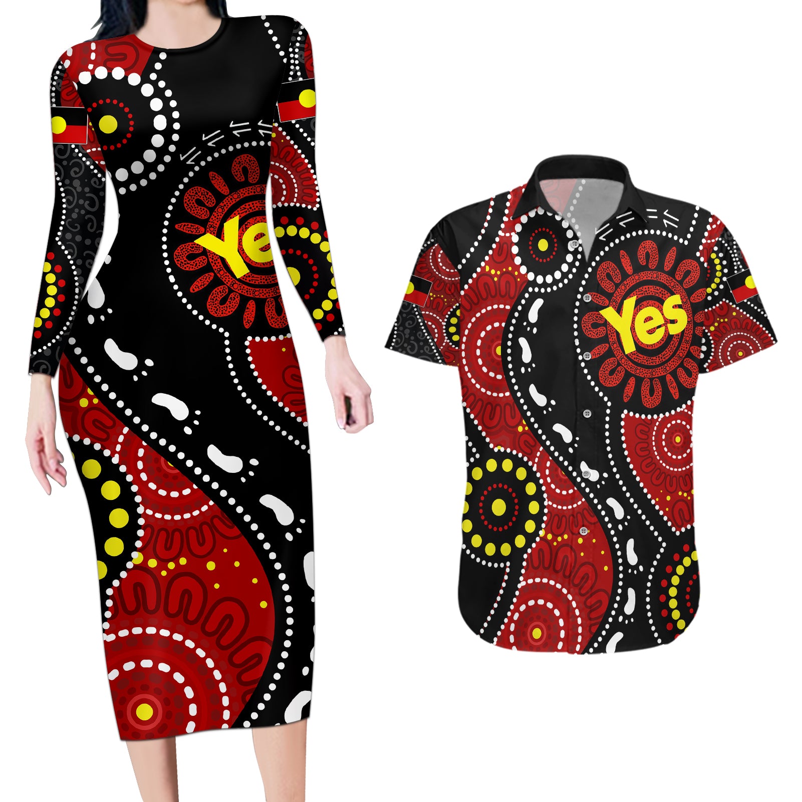 australia-indigenous-couples-matching-long-sleeve-bodycon-dress-and-hawaiian-shirt-vote-yes-aboriginal-flag-color