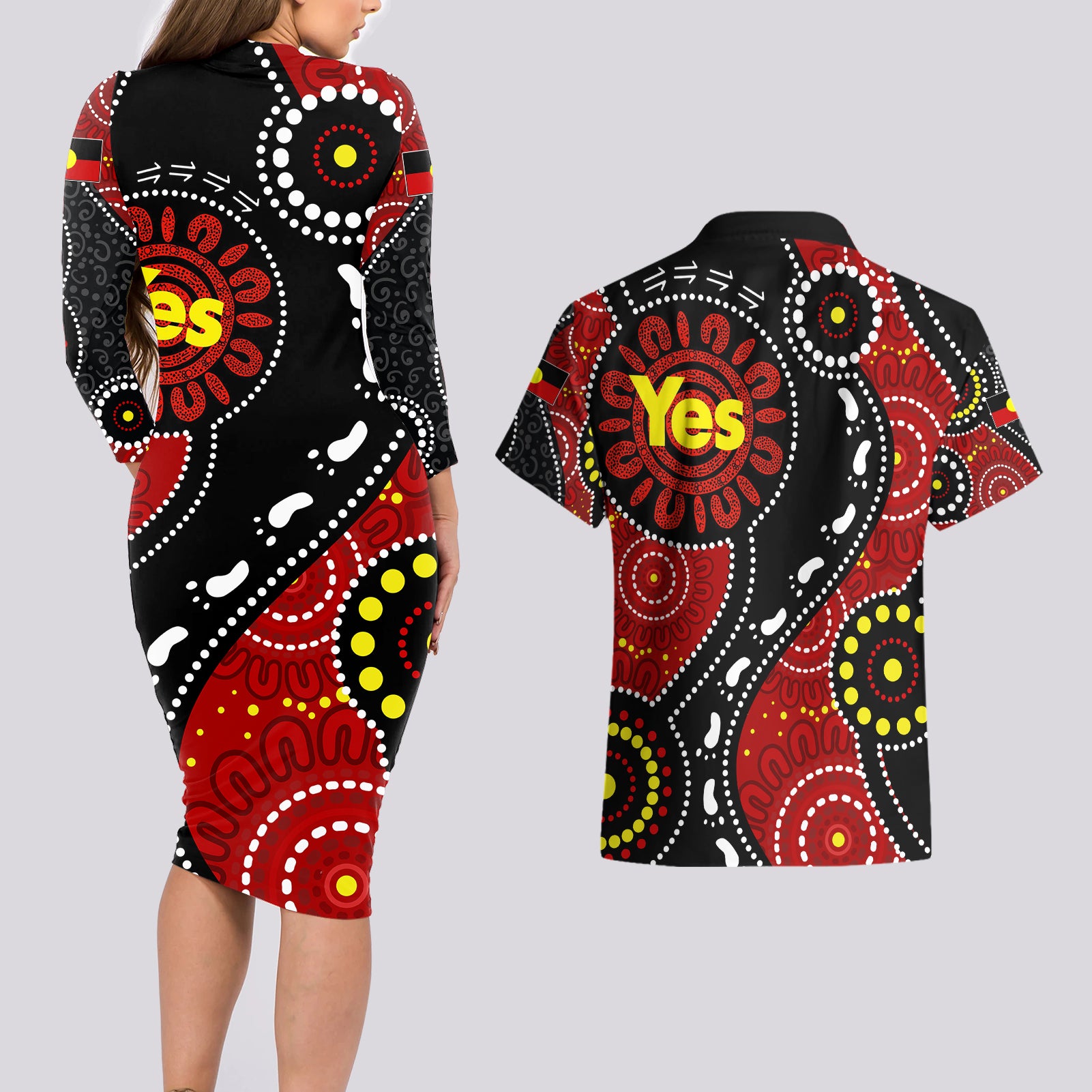 australia-indigenous-couples-matching-long-sleeve-bodycon-dress-and-hawaiian-shirt-vote-yes-aboriginal-flag-color