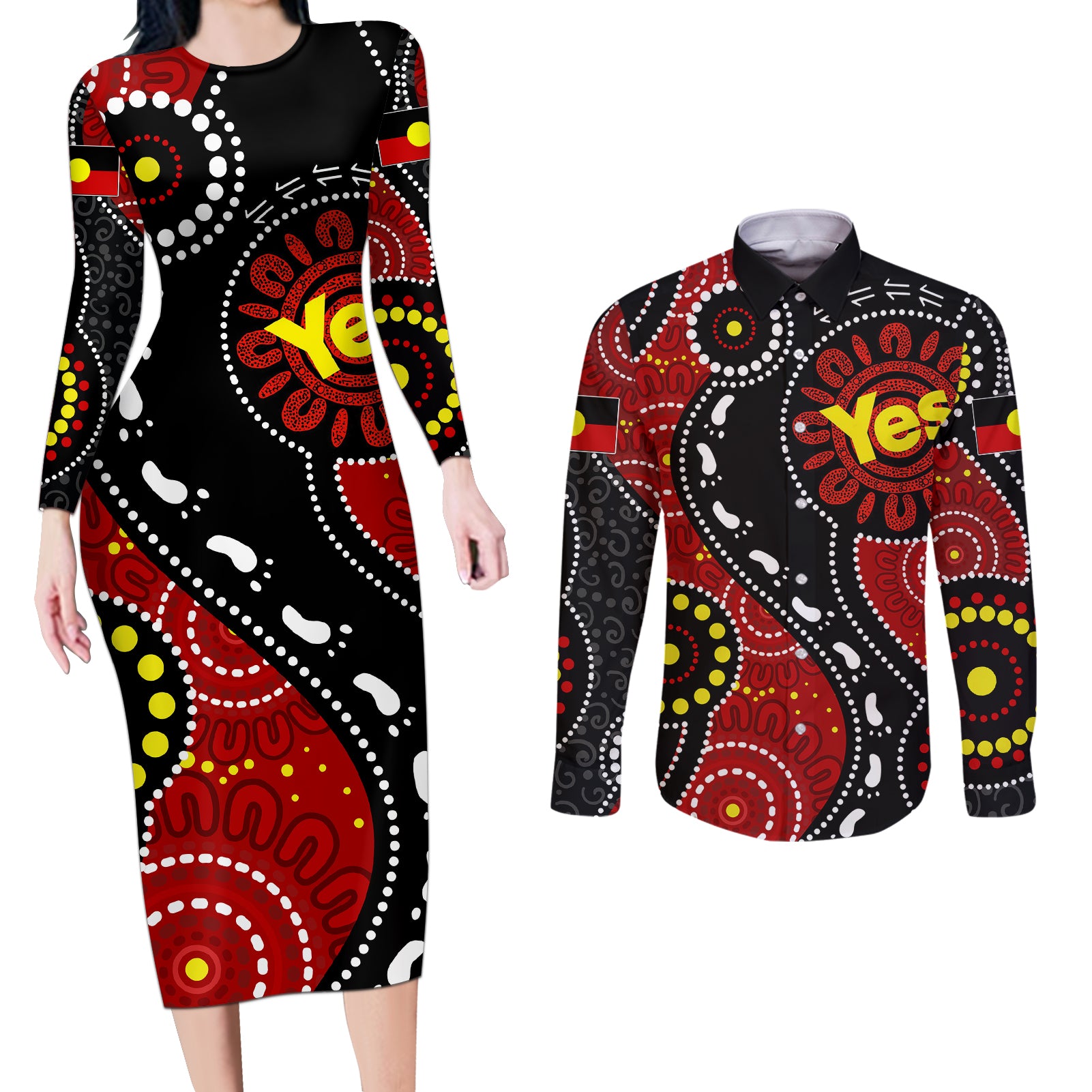 australia-indigenous-couples-matching-long-sleeve-bodycon-dress-and-long-sleeve-button-shirts-vote-yes-aboriginal-flag-color