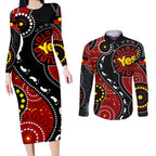 australia-indigenous-couples-matching-long-sleeve-bodycon-dress-and-long-sleeve-button-shirts-vote-yes-aboriginal-flag-color