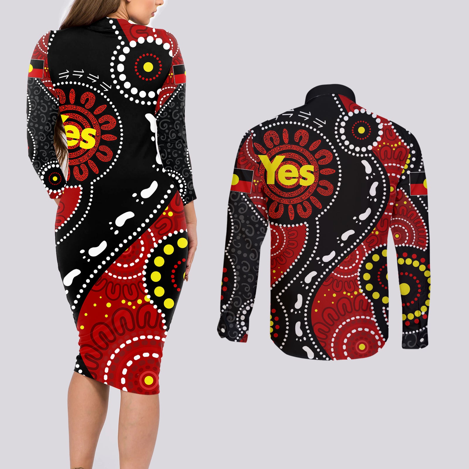 australia-indigenous-couples-matching-long-sleeve-bodycon-dress-and-long-sleeve-button-shirts-vote-yes-aboriginal-flag-color