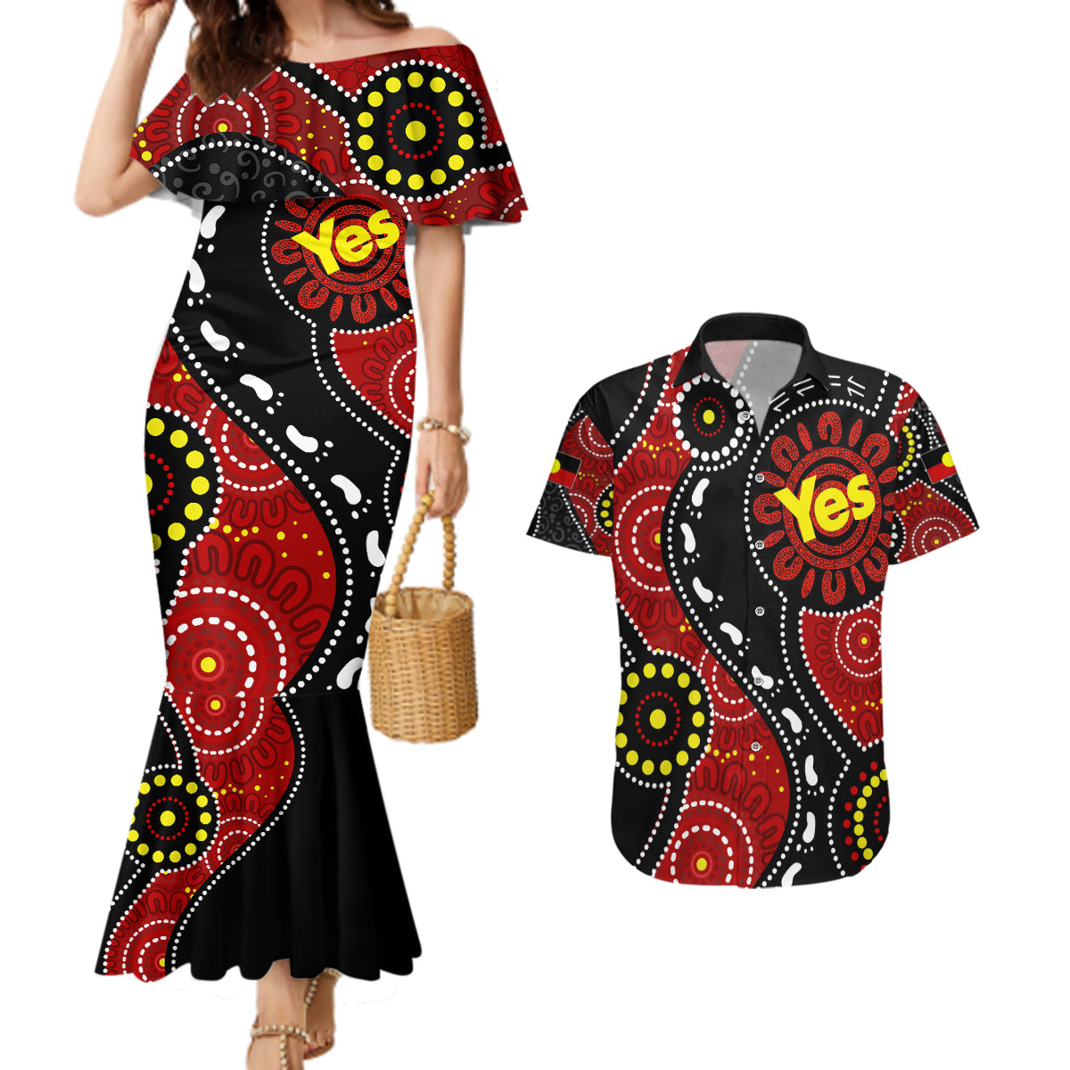 australia-indigenous-couples-matching-mermaid-dress-and-hawaiian-shirt-vote-yes-aboriginal-flag-color