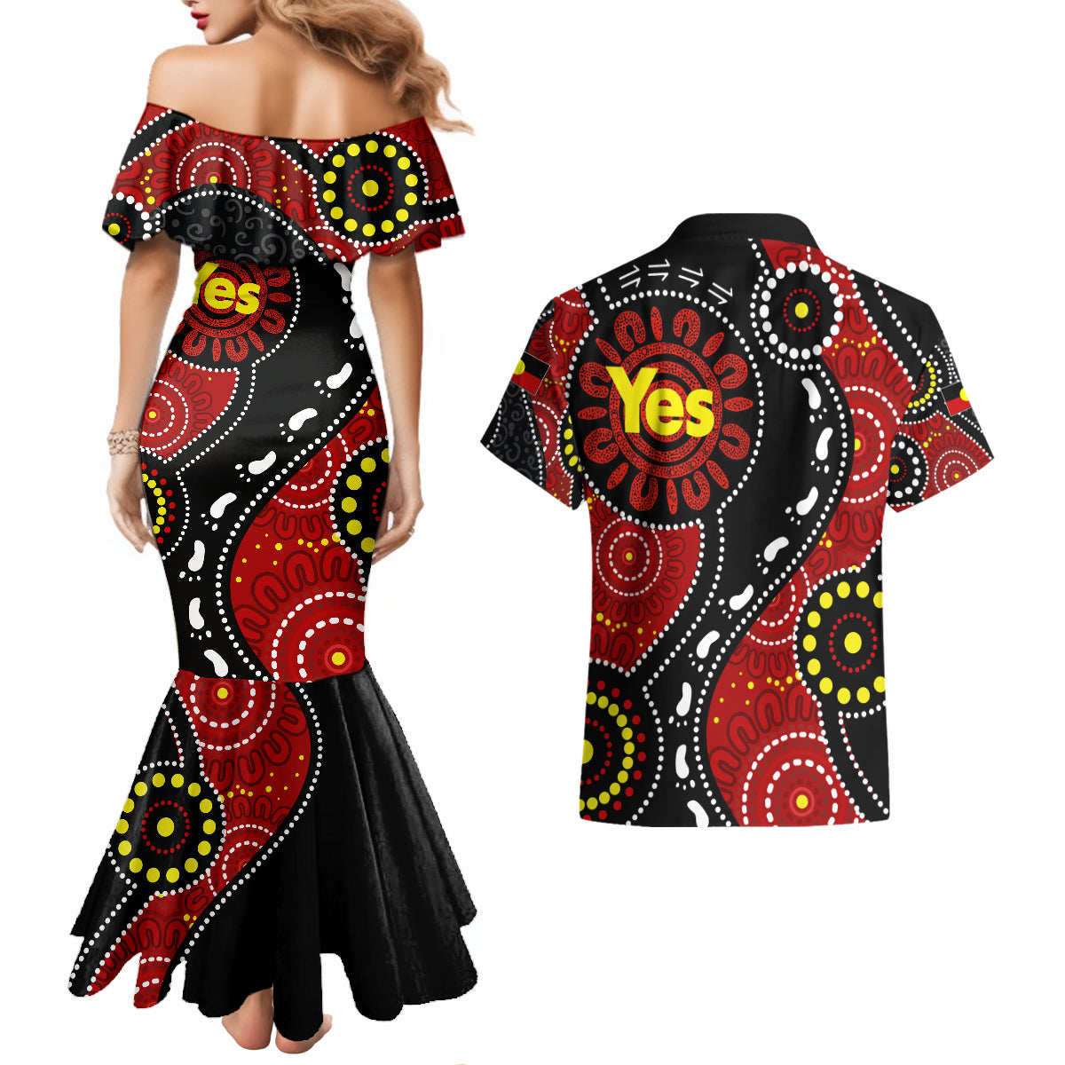 australia-indigenous-couples-matching-mermaid-dress-and-hawaiian-shirt-vote-yes-aboriginal-flag-color
