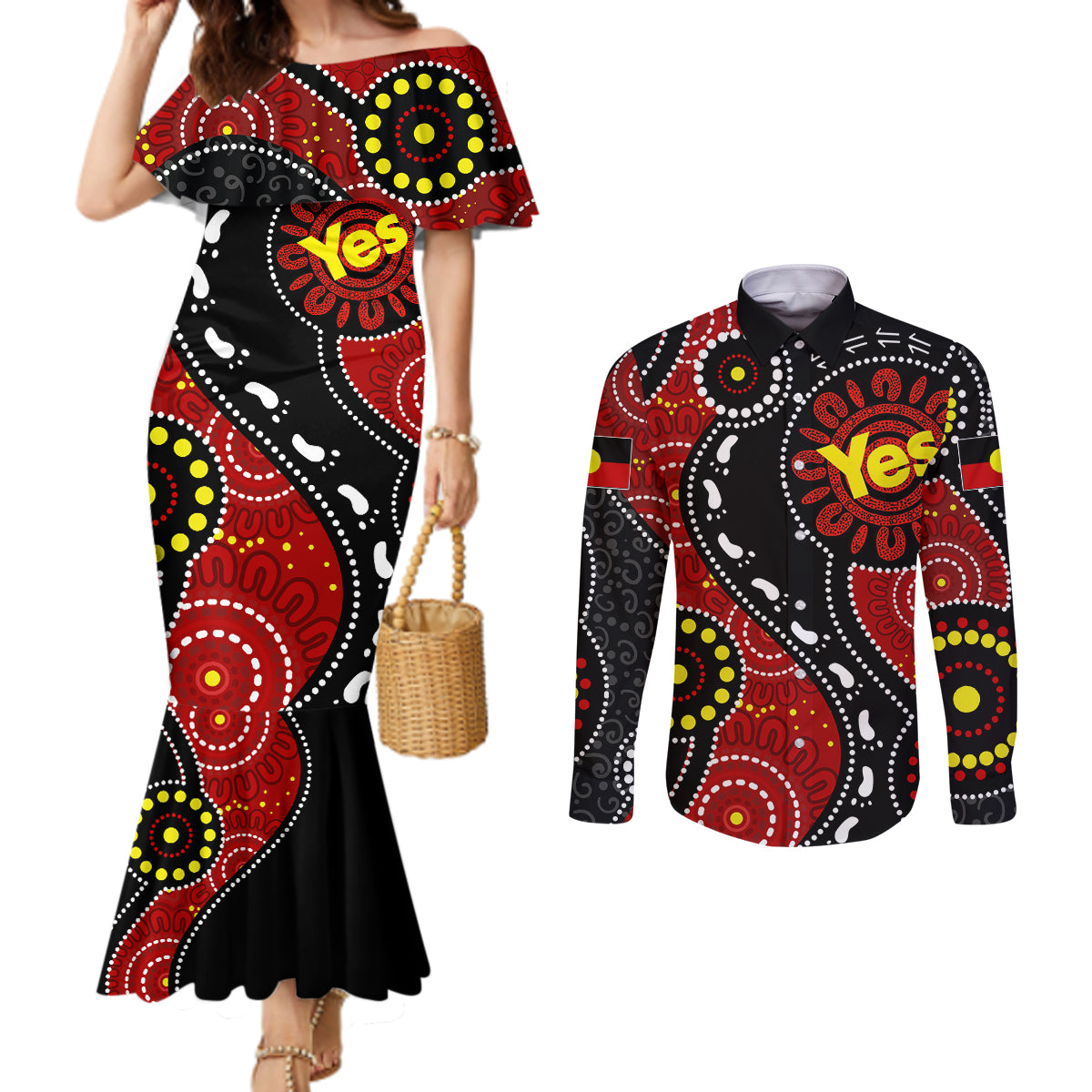 australia-indigenous-couples-matching-mermaid-dress-and-long-sleeve-button-shirts-vote-yes-aboriginal-flag-color