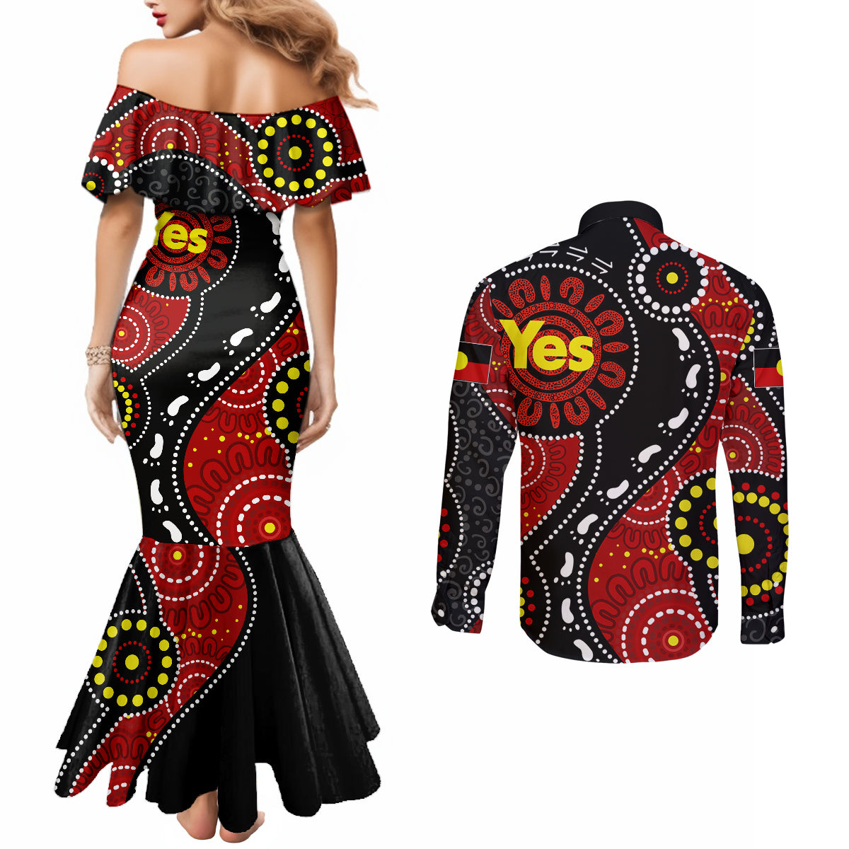 australia-indigenous-couples-matching-mermaid-dress-and-long-sleeve-button-shirts-vote-yes-aboriginal-flag-color