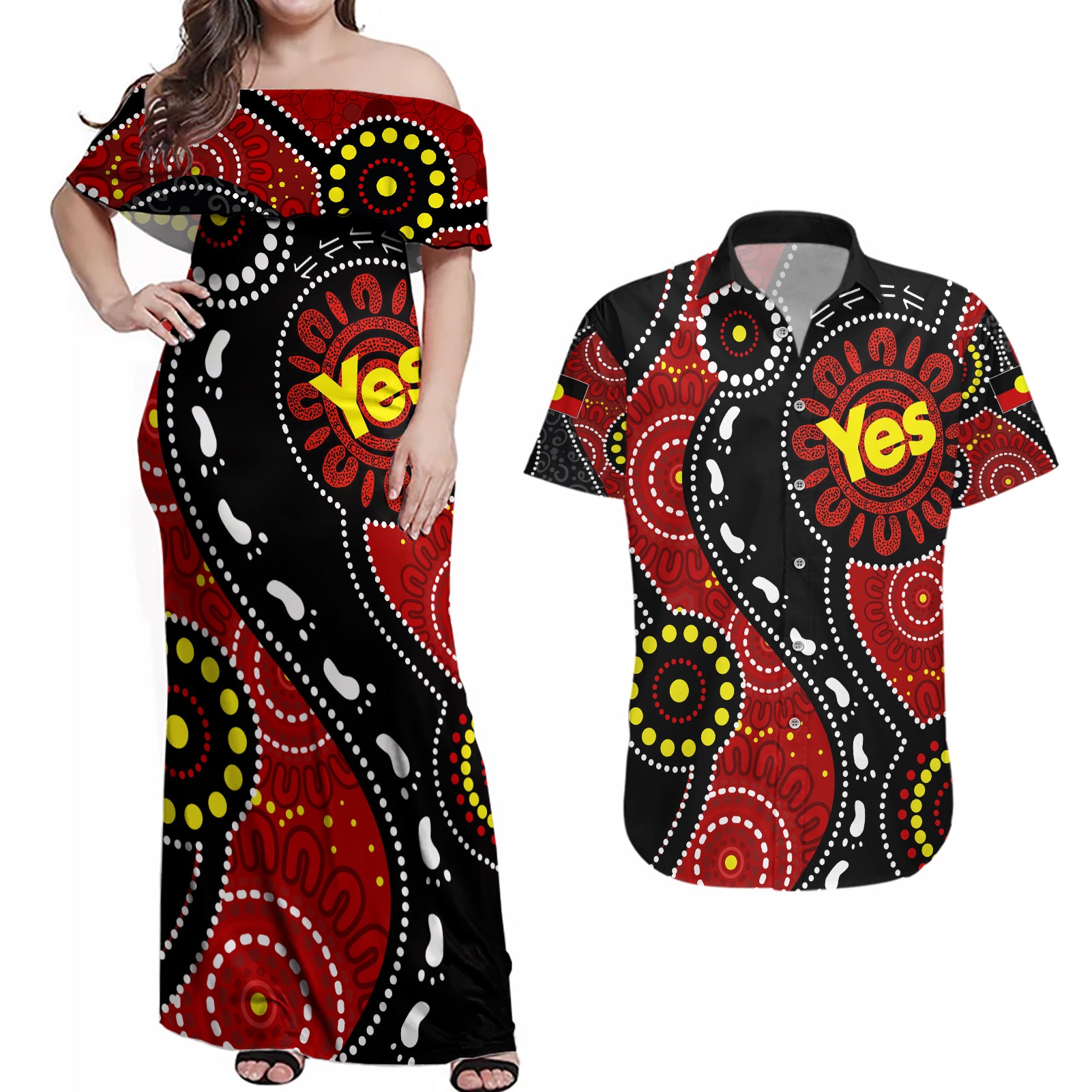 australia-indigenous-couples-matching-off-shoulder-maxi-dress-and-hawaiian-shirt-vote-yes-aboriginal-flag-color