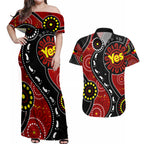 australia-indigenous-couples-matching-off-shoulder-maxi-dress-and-hawaiian-shirt-vote-yes-aboriginal-flag-color