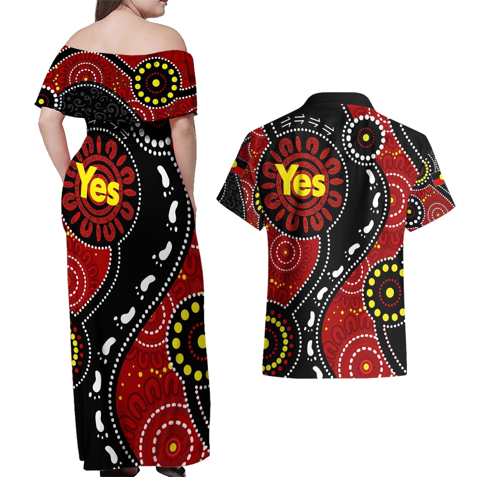 australia-indigenous-couples-matching-off-shoulder-maxi-dress-and-hawaiian-shirt-vote-yes-aboriginal-flag-color