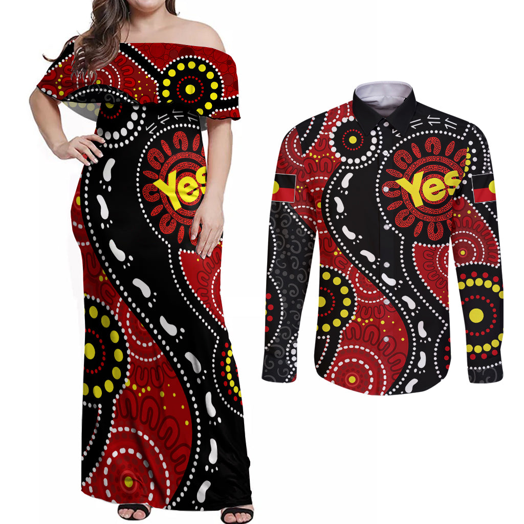 australia-indigenous-couples-matching-off-shoulder-maxi-dress-and-long-sleeve-button-shirts-vote-yes-aboriginal-flag-color