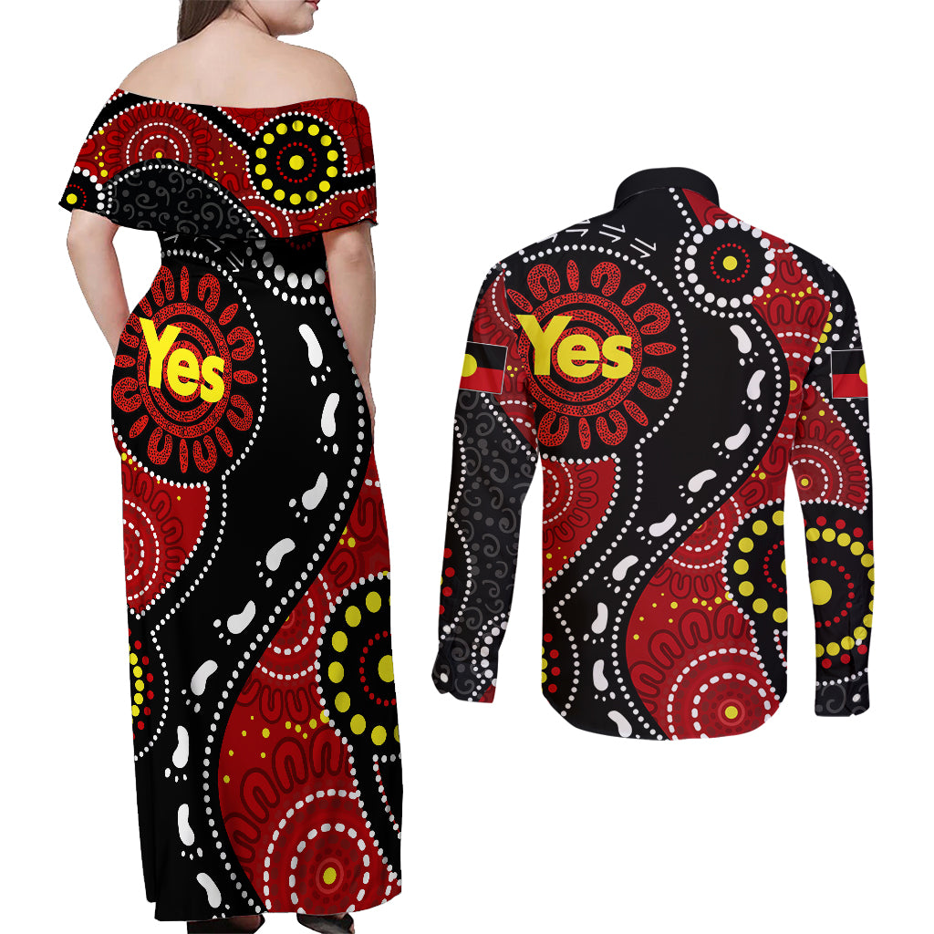 australia-indigenous-couples-matching-off-shoulder-maxi-dress-and-long-sleeve-button-shirts-vote-yes-aboriginal-flag-color