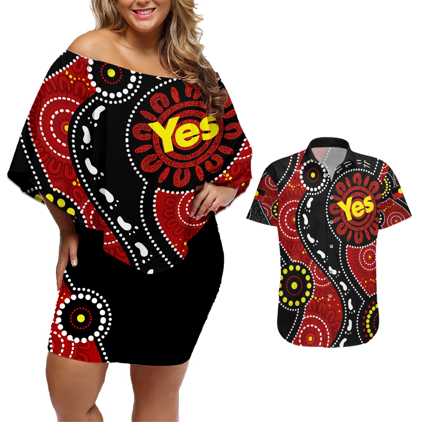 australia-indigenous-couples-matching-off-shoulder-short-dress-and-hawaiian-shirt-vote-yes-aboriginal-flag-color