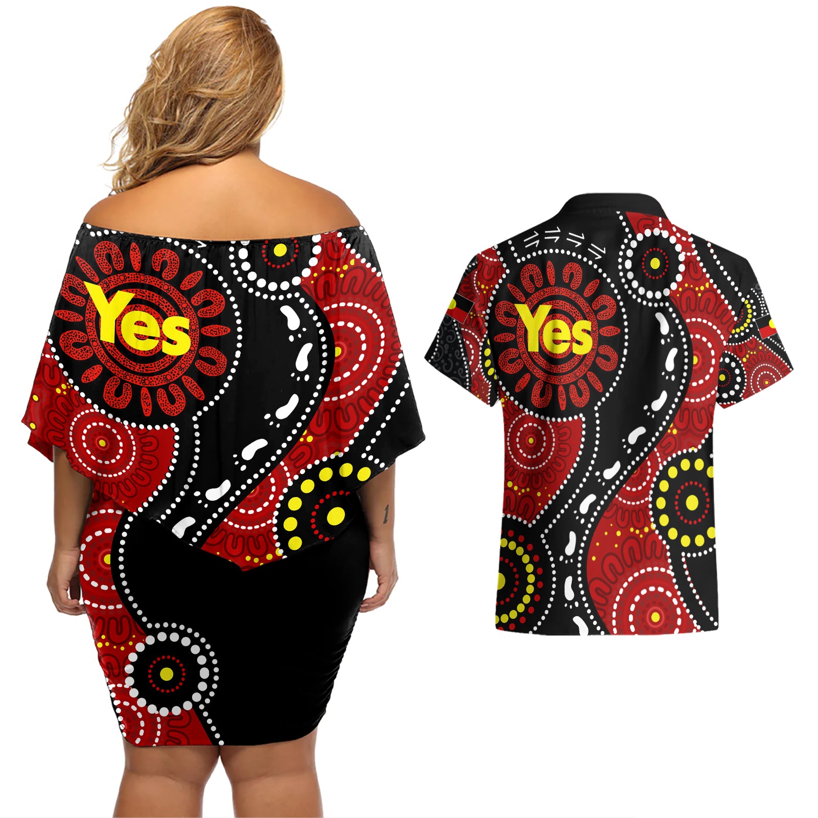 australia-indigenous-couples-matching-off-shoulder-short-dress-and-hawaiian-shirt-vote-yes-aboriginal-flag-color