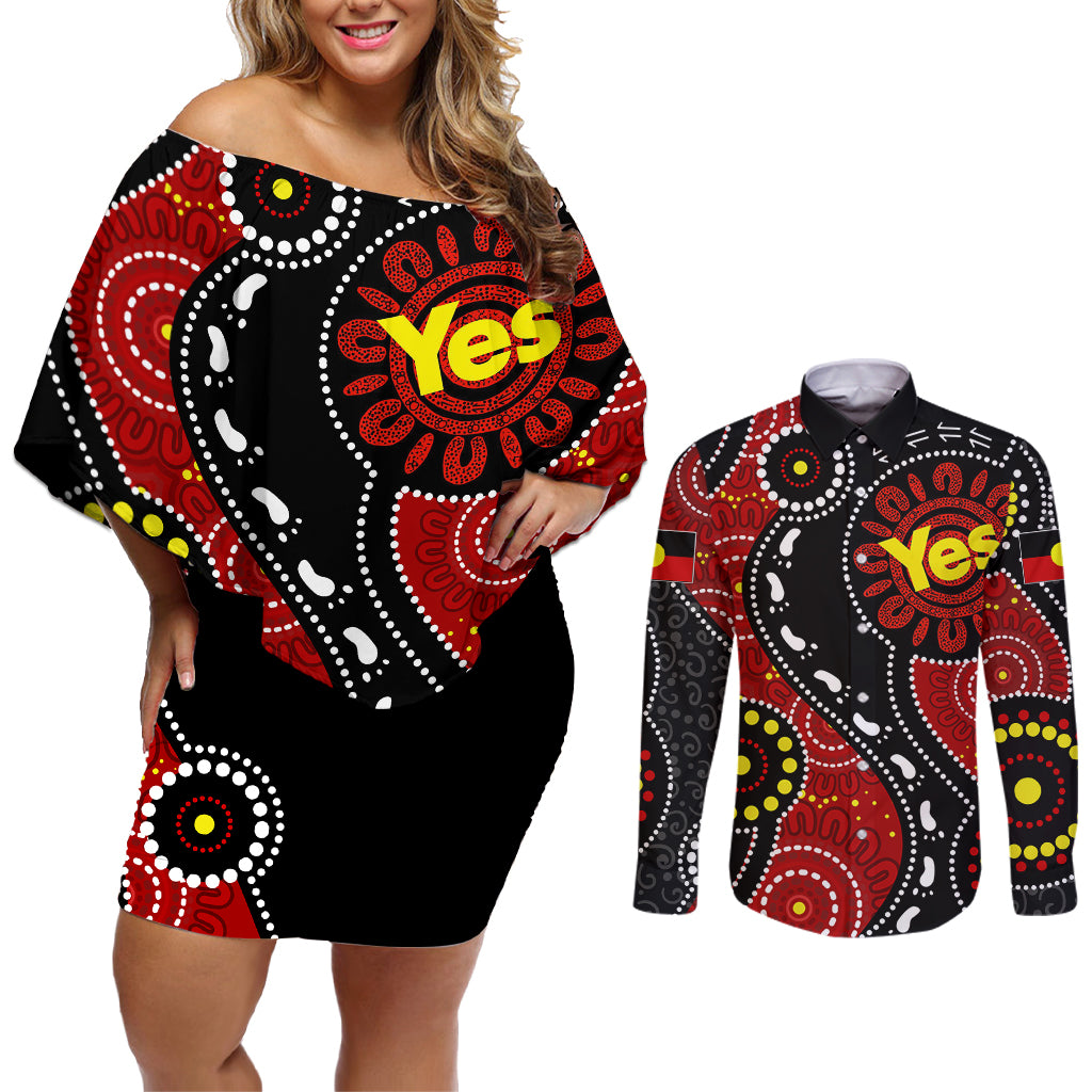 australia-indigenous-couples-matching-off-shoulder-short-dress-and-long-sleeve-button-shirts-vote-yes-aboriginal-flag-color