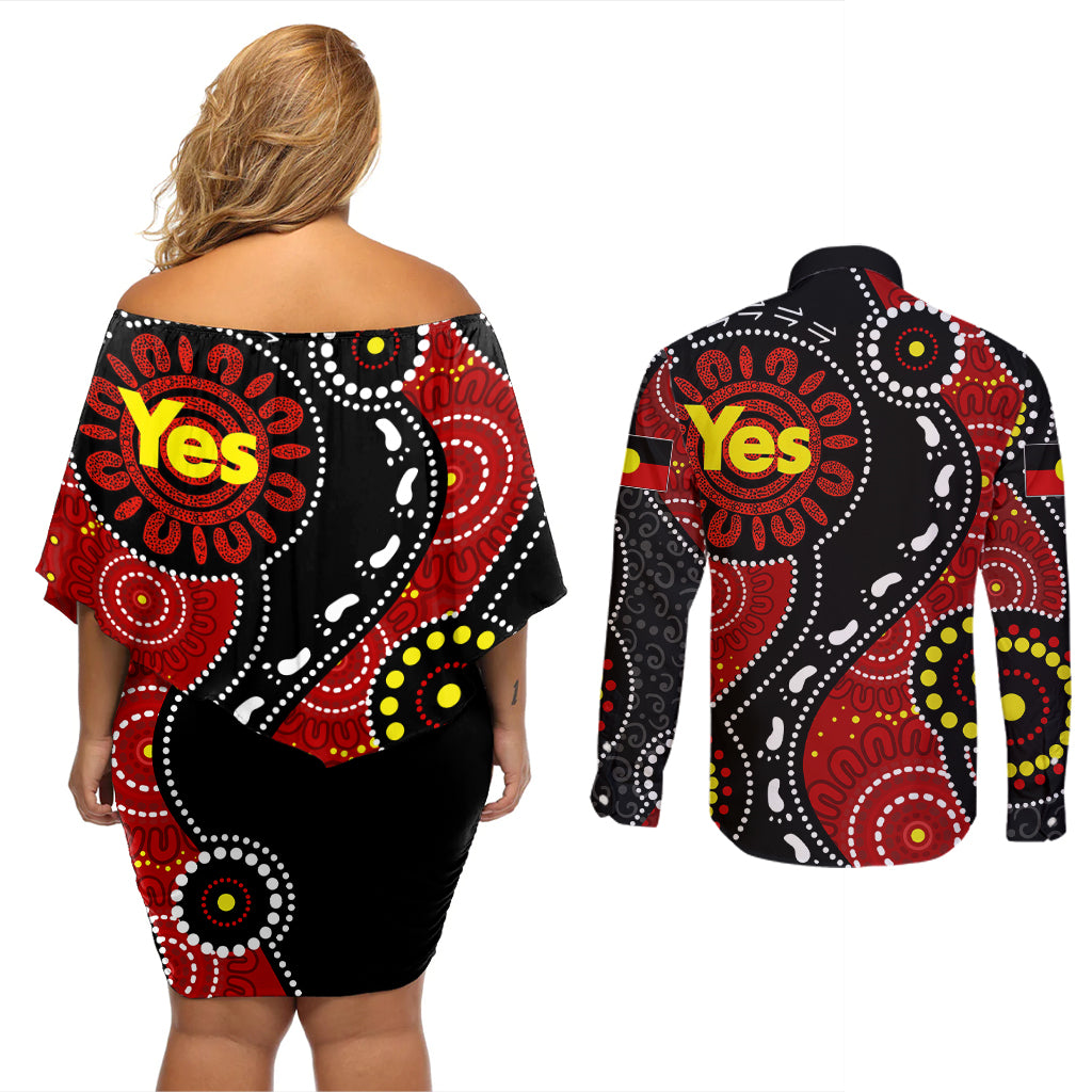 australia-indigenous-couples-matching-off-shoulder-short-dress-and-long-sleeve-button-shirts-vote-yes-aboriginal-flag-color