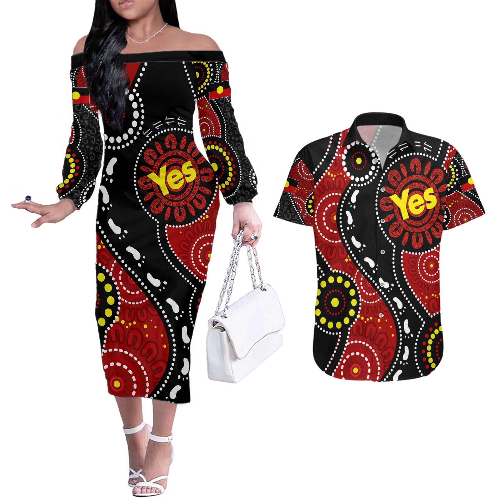 australia-indigenous-couples-matching-off-the-shoulder-long-sleeve-dress-and-hawaiian-shirt-vote-yes-aboriginal-flag-color