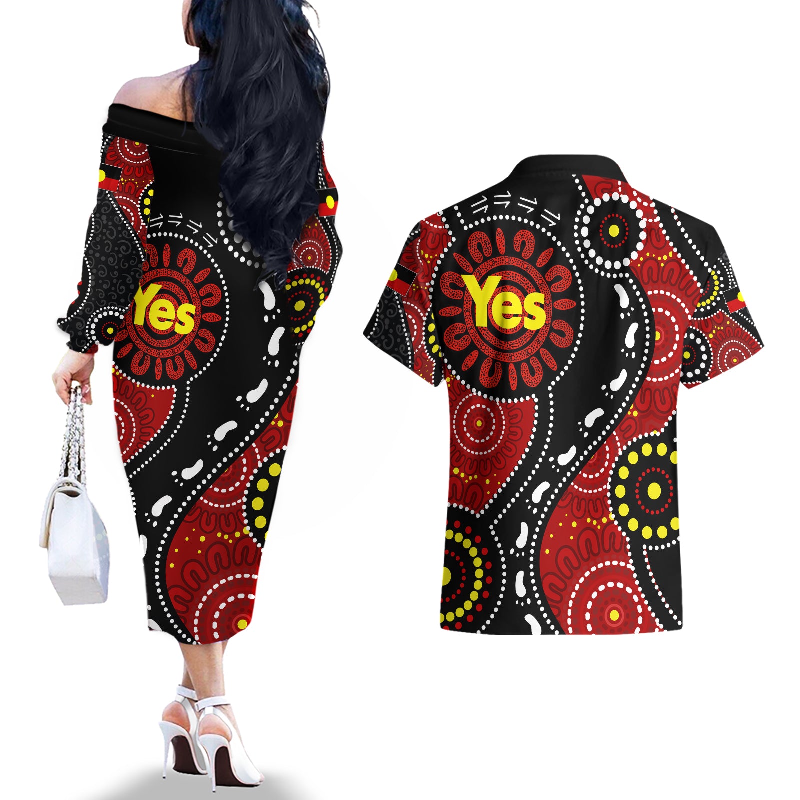 australia-indigenous-couples-matching-off-the-shoulder-long-sleeve-dress-and-hawaiian-shirt-vote-yes-aboriginal-flag-color