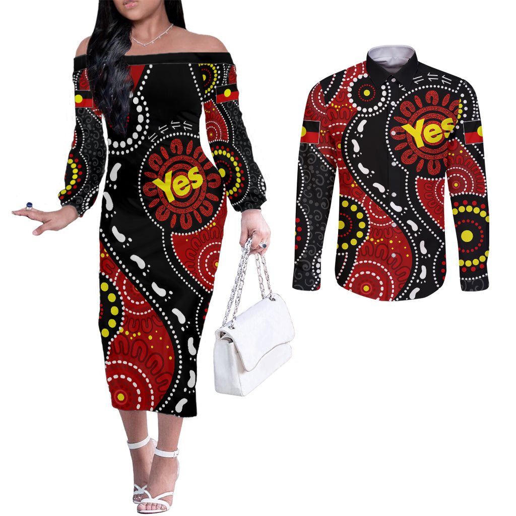 australia-indigenous-couples-matching-off-the-shoulder-long-sleeve-dress-and-long-sleeve-button-shirts-vote-yes-aboriginal-flag-color