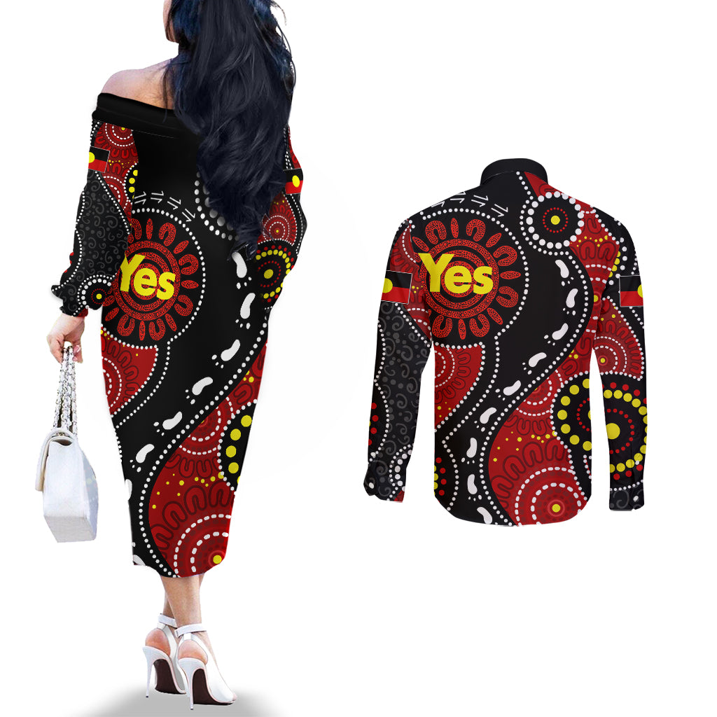 australia-indigenous-couples-matching-off-the-shoulder-long-sleeve-dress-and-long-sleeve-button-shirts-vote-yes-aboriginal-flag-color