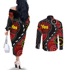 australia-indigenous-couples-matching-off-the-shoulder-long-sleeve-dress-and-long-sleeve-button-shirts-vote-yes-aboriginal-flag-color