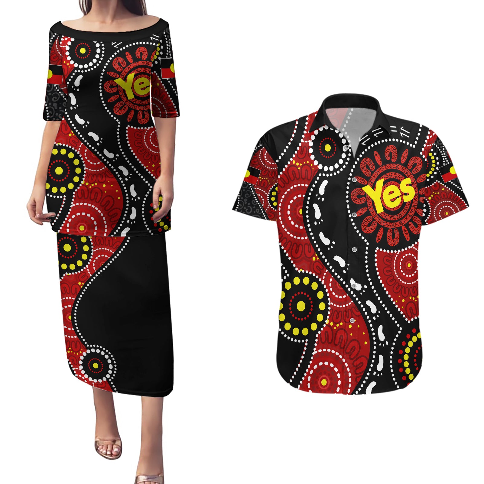 australia-indigenous-couples-matching-puletasi-dress-and-hawaiian-shirt-vote-yes-aboriginal-flag-color