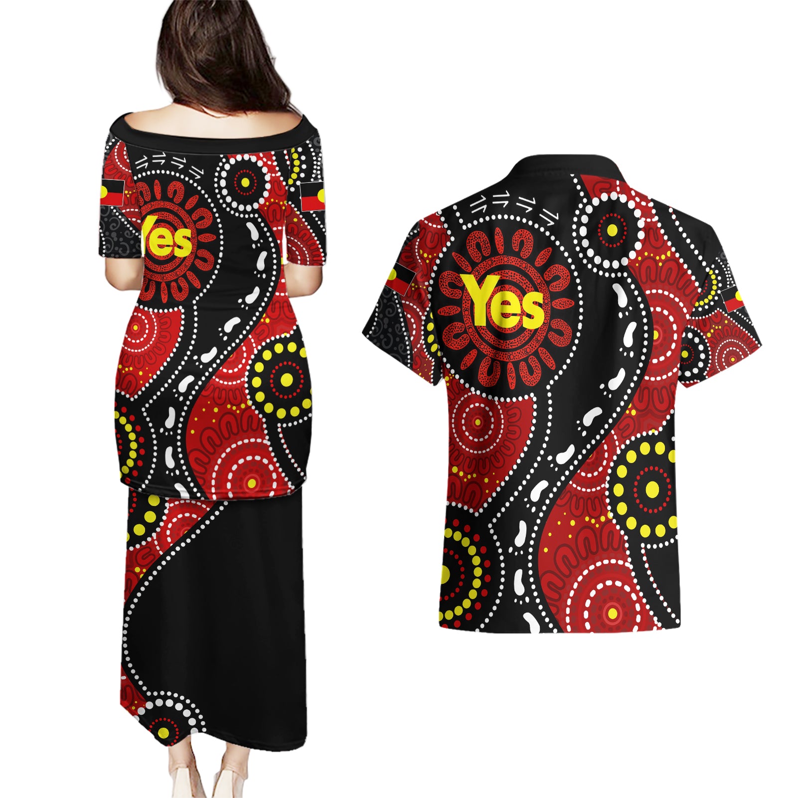 australia-indigenous-couples-matching-puletasi-dress-and-hawaiian-shirt-vote-yes-aboriginal-flag-color