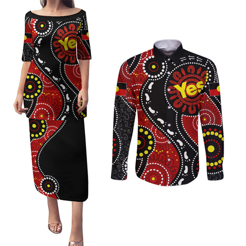 australia-indigenous-couples-matching-puletasi-dress-and-long-sleeve-button-shirts-vote-yes-aboriginal-flag-color
