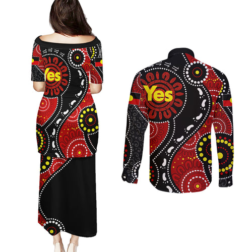 australia-indigenous-couples-matching-puletasi-dress-and-long-sleeve-button-shirts-vote-yes-aboriginal-flag-color