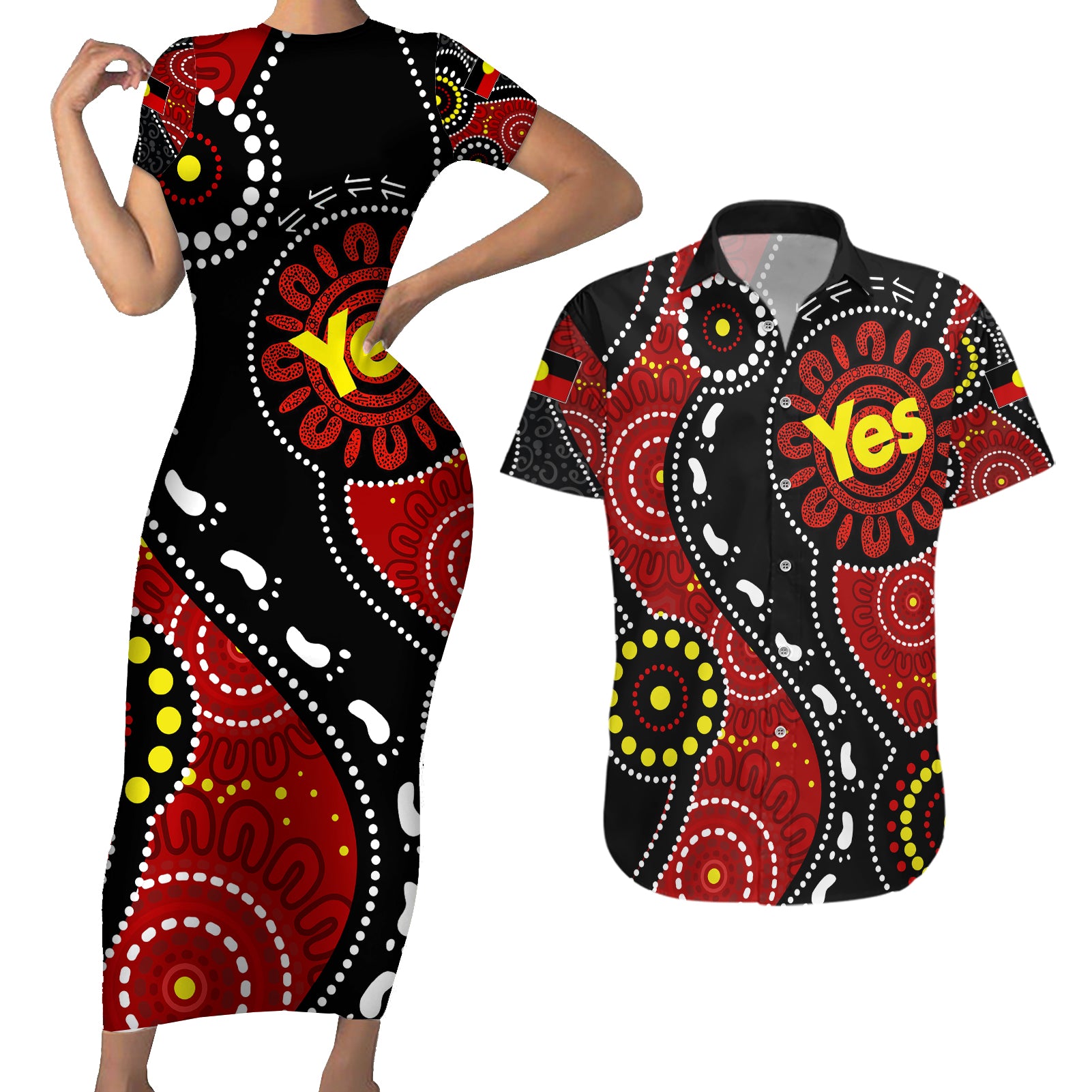 australia-indigenous-couples-matching-short-sleeve-bodycon-dress-and-hawaiian-shirt-vote-yes-aboriginal-flag-color
