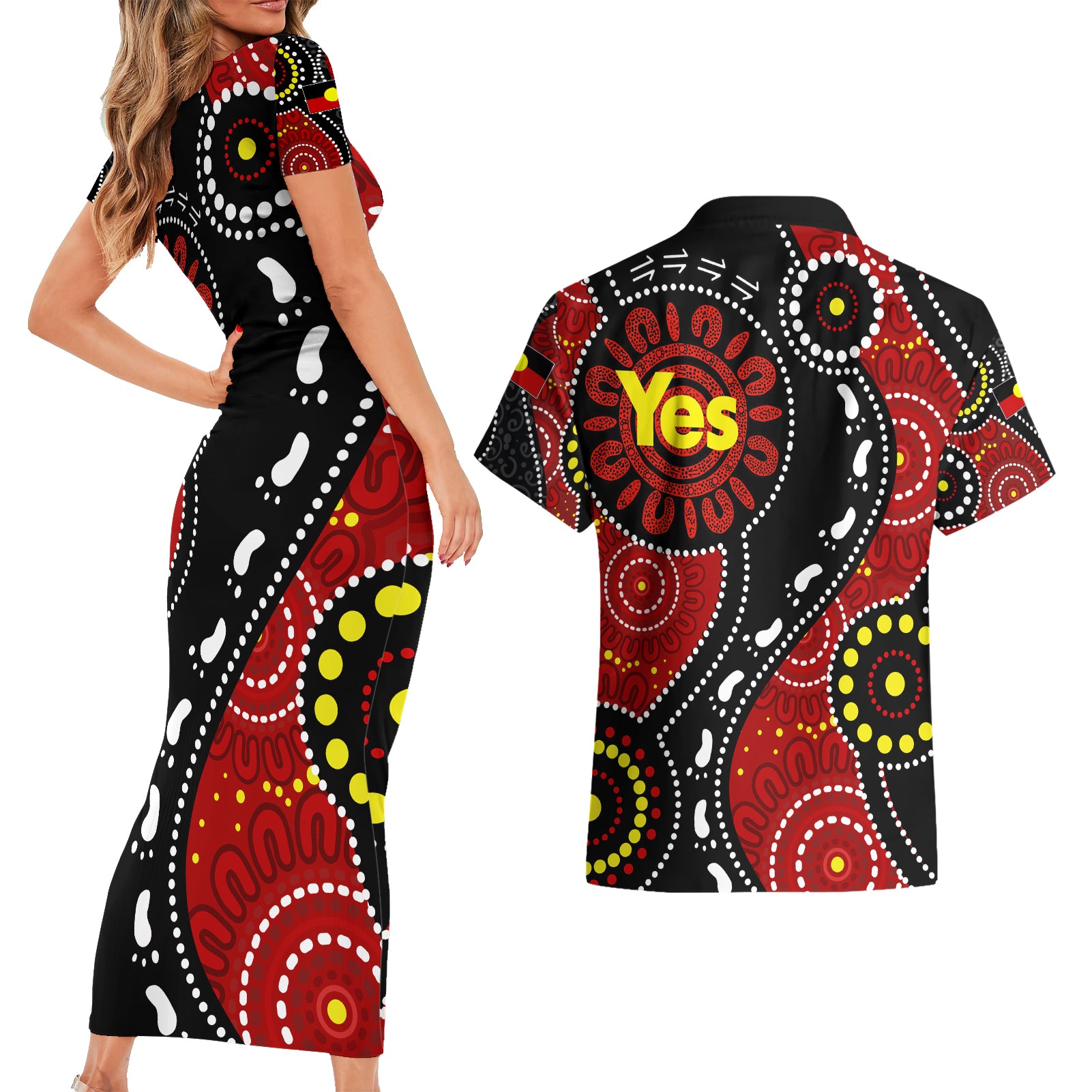 australia-indigenous-couples-matching-short-sleeve-bodycon-dress-and-hawaiian-shirt-vote-yes-aboriginal-flag-color